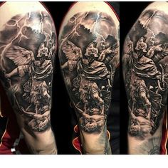 a man's half sleeve with an image of jesus and angels on the cross