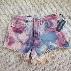 Nwt Tie-Dyed Denim Shorts. 100% Cotton. Pink Washed Denim Bottoms, Pink Bottoms With Frayed Hem For Summer, Pink Relaxed Fit Washed Bottoms, Pink Washed Relaxed Fit Bottoms, Relaxed Fit Multicolor Denim Bottoms, Pink Jeans With Frayed Hem For Summer, Pink Frayed Hem Shorts For Summer, Multicolor Cotton Cutoff Bottoms, Multicolor Cutoff Shorts For Spring