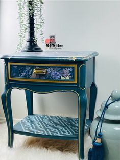 a blue table with an ornate design on it