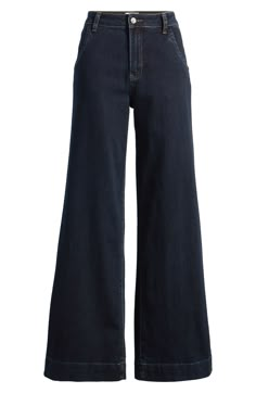 A tailored high waist and modern wide leg take these denim trousers and your workwear wardrobe to the next level. 27 3/4" to 33 3/4" inseam 95% cotton, 4% polyester, 1% spandex Machine wash, tumble dry Imported Dark Denim Wide Leg Jeans, Modern Cropped Leg Denim Blue Flare Jeans, Modern Wide Leg Cropped Jeans, Relaxed Fit Denim Blue Flare Jeans For Work, Dark Wash Wide Leg Cropped Jeans For Work, Wide-leg Jeans For Work In Medium Wash, Wide Leg Cropped Jeans In Dark Wash For Work, Wide-leg Denim Jeans For Work, Modern Denim Cropped Jeans With Wide Leg