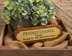 a potted plant in a wooden box with a sign that says pennsylvania owned by the key stone state