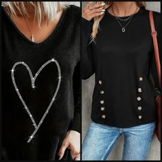 Fabulous Deal! Two Long Sleeve Black T-Shirt Tops. 1. Glamorous Rhinestone Heart T-Shirt - Fashion V Neck, Long Sleeve Tank 2. Chic Long Sleeve T-Shirt With Tortise Shell Button Detail Black Tailored Style Soft And Comfortable Fabric, Great For Casual, Business Casual And Happy Hour Parties, Perfect For All Occasions Hippi, Boho, Eclectic, Festivals Size M Black Long Sleeve Tops With Rhinestones, Trendy Black Top With Rhinestones, Trendy Black Tops With Rhinestones, Trendy Rhinestone Tops For Fall, Casual Rhinestone Tops For Night Out, Casual Party Tops With Rhinestones, Black V-neck Tops With Rhinestones, Black V-neck Top With Rhinestones, Tailored Style