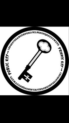 a black and white sticker with a key on it's side, in the shape of a circle