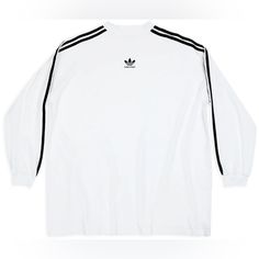 New Never Worn With Tags Classic Crew Neck Top With Three Stripes, Sporty Long Sleeve Streetwear Shirt, White Long Sleeve Sweatshirt With Three Stripes, White Long Sleeve T-shirt Athleisure Style, Classic Streetwear Tops With Three Stripes Branding, White Long Sleeve Athleisure T-shirt, Classic Three Stripes Tops For Streetwear, Classic Tops With Three Stripes Branding For Streetwear, Long Sleeve T-shirt With Logo Print In Athleisure Style