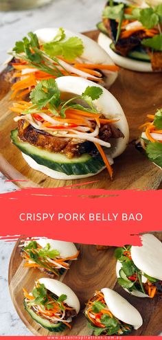 crispy pork belly bao with carrots, lettuce and cilantro