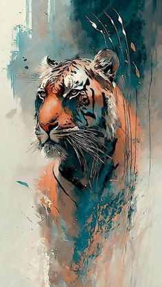 a painting of a tiger with blue and orange colors