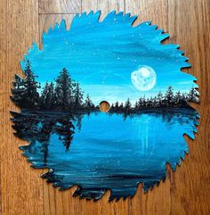 a painting of a lake with trees on it and a full moon in the sky