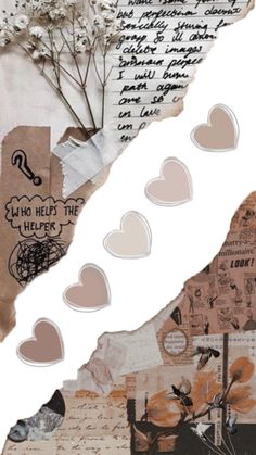 an altered collage with paper hearts and words