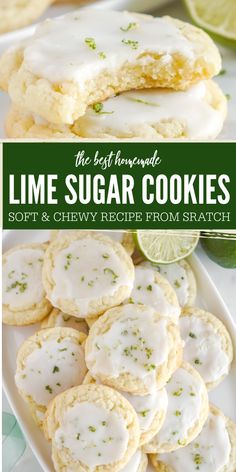 lime sugar cookies on a white plate with limes in the background and text overlay that reads, the best homemade lime sugar cookies soft & chewy recipe from scratch