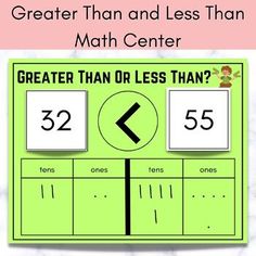 a green sign that says greater than less than math center with arrows pointing up to the numbers