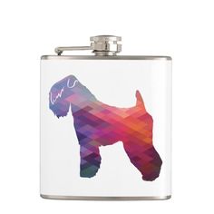 a flask with a dog on it's side and the word love written in purple