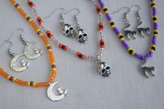 Halloween necklaces, bracelets and earrings are fun and unique and make a great addition to any Halloween costume. They are very nice and well made so you can wear them out or to the office to show that you are in the Halloween spirit. This jewelry set will also make a wonderful gift or party favor for Halloween. The beaded necklaces and bracelets are made with stretchy beading cord so you have a little flexibility in fit. I can add a chain extension if you need more length. You custom order you Fun Silver Metal Jewelry, Fun Nickel-free Metal Jewelry, Fun Handmade Metal Jewelry, Handmade Fun Metal Jewelry, Handmade Jewelry For Halloween Party, Handmade Halloween Party Jewelry, Fun Orange Jewelry For Halloween, Novelty Dangle Jewelry For Jewelry Making, Fun Orange Halloween Jewelry