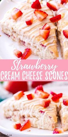 strawberry cream cheese scones on a white plate with strawberries and text overlay