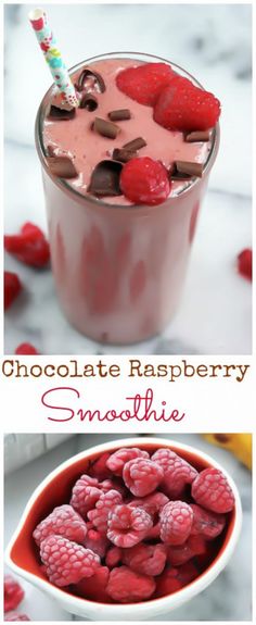 chocolate raspberry smoothie in a glass with strawberries on top and another photo