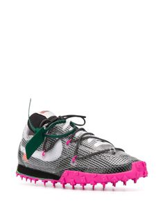 "Find NIKE X OFF WHITE Waffle Racer Sp \"\"black/fuchsia\"\" Sneakers on Editorialist. black/white/laser fuchsia pink leather round toe flat rubber sole spike stud detailing front lace-up fastening signature Swoosh logo detail signature Zip Tie tag These styles are supplied by a premium sneaker marketplace. Stocking only the most sought-after footwear, they source and curate some of the most hard to find sneakers from around the world" Off White Waffle Racer, Nike X Off White, Bedazzled Shoes Diy, Pretty Sneakers, Shoe Designs, Pretty Shoes Sneakers, Shoes Outfit Fashion, Fresh Sneakers, Street Sneakers