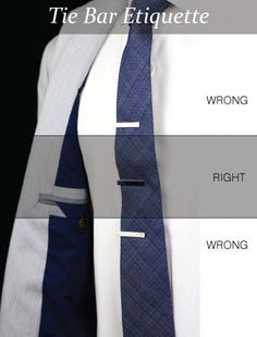 Quick tip: There is both a right and wrong way to wear a tie bar: Tie Bar and Tie Clips Should be Worn Between the 3rd and 4th Buttons on Your Shirt. Right And Wrong, Mens Attire, Tie Bar, Dress For Success, Gentleman Style, Suit And Tie, Ties Mens