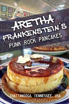 there is a plate with pancakes on it and the title reads, aretha franklin's punk rock pancakes