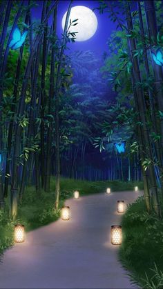 the pathway is lined with lanterns and bamboo trees, as well as butterflies in the night sky