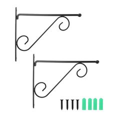 two black wrought iron brackets with screws and nails on white background, set of 2