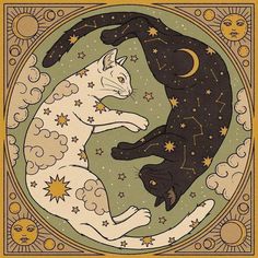 two cats sitting on top of each other in front of a moon and stars design