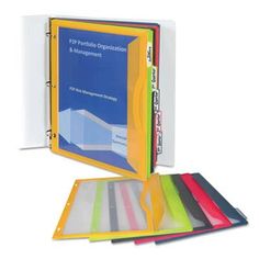 a binder with five different colored folders