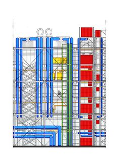 an architectural drawing of a building with blue pipes and red columns on the side, in front of a white background