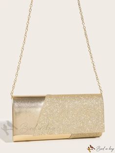 Bird in Bag - Gold-Tone Glitter Flap Clutch Bag for Women, Can Be Worn Crossbody or Carried by Hand, Perfect for Gold Glitter Bags For Night Out, Gold Glitter Evening Bag For Night Out, Gold Glitter Clutch Bag, Minimalist Bag, Style Minimalist, Bird In Bag, Square Bag, Bag For Women, Gold Details