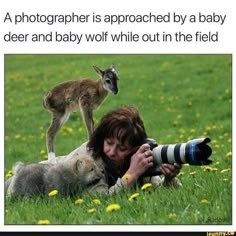 a woman taking a photo with her camera and two baby animals on top of her