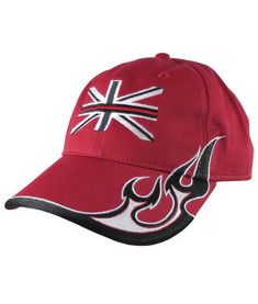 "A black UK flag thin red line design embroidered on a red, adjustable, soft structured, and all over devil black and white racing flames trimmed baseball cap. It is a sturdy and comfy hat and a winning candidate for everyday wear as well as for making a fashion statement on, or off duty. 100% premium cotton chino twill in red Six-panel mid-profile structured cap Pre-curved visor and sewn eyelets One size fits most adults Embroidery decoration All over embroidery with devil flame design Self-clo All Over Embroidery, Embroidery Decoration, Uk Flag, Flame Design, Cotton Chinos, Red Line, On Or Off, Line Design, Back Strap