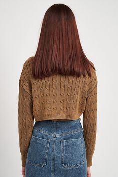 cropped brown sweater cable knit texture cropped length full length sleeves turtle neck elastic waistline runs TTS Turtle Neck Crop Top, Maxi Romper, Rush Dresses, Contemporary Clothing, Stylish Top, Crop Top Shirts, Top Sweater, Crop Top Sweater, Contemporary Outfits