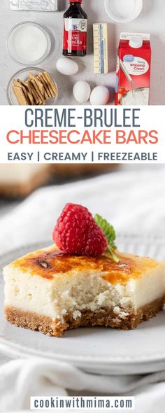 cheesecake bars with raspberries on top and the words creme - brulee cheesecake bars