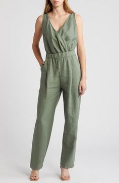 Get to the fun faster in a one-and-done jumpsuit cut from lightweight linen and perfected with a pair of pockets. 57 1/2" length; 30" inseam; 16" leg opening (size Medium) Hidden side-zip closure Surplice V-neck Sleeveless Side-seam pockets 100% linen Machine wash, line dry Made in Portugal Linen Jumpsuits And Rompers For Summer, Solid Color Linen Jumpsuits And Rompers For Summer, Sleeveless Summer Overalls With Side Pockets, Casual Linen Jumpsuits And Rompers For Work, Sleeveless Overalls With Side Pockets In Relaxed Fit, Spring Linen V-neck Jumpsuit, Spring Linen Jumpsuit With V-neck, Linen V-neck Jumpsuits And Rompers For Spring, Chic Linen Jumpsuits And Rompers With Pockets