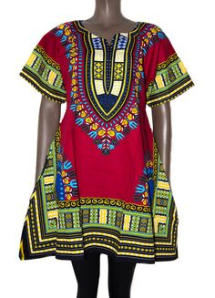 DW24 - Assorted Dashiki mini dress African clothing - Tess World Designs Casual Red Short Sleeve Tunic, Dress African, African Clothing, Other Colors, Dark Red, Forest Green, Royal Blue, Loose Fitting, Women Wear