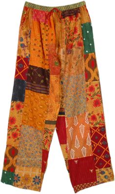 Beat the heat in style with these Extra Long and XL orange-hued patchwork pattern long pants, as vibrant as the sun.  The pants have a multi patchwork display with assorted prints which look very boho. #tlb #SplitSkirtsPants #Patchwork #Tall #Fall #bohemianfashion #Handmade #XLPlus #TallXLHippiePants Multicolor Patchwork Wide Leg Harem Pants, Multicolor Cotton Bottoms With Floral Patchwork, Orange Cotton Festival Bottoms, Orange Cotton Bottoms For Festival, Summer Orange Patchwork Bottoms, Colorful Cotton Patchwork Bottoms, Orange Bohemian Cotton Bottoms, Bohemian Orange Cotton Bottoms, Orange Cotton Patchwork Bottoms