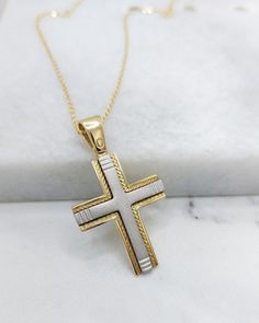 14k Gold Cross Pendant. A Greece Orthodox Baptism Solid Cross  from Yellow & White Gold with Matte Finished A modern two color cross with a distinctive design ideal for a baptismal cross for both girls and boys. A gold cross jewel for life A piece of jewelry not only for baptism but ideal gift  for yourself or your loved one person -It can be personalized by engraning on the back side of the cross a name or a date- Details: Height35 mm Width:21 mm Weight:Approximately 5.0gr 14k  Metal:14k White White Cross Necklace For Baptism, White Crucifix Necklace For Formal Occasions, White Cross Pendant Necklace For Baptism, Classic White Cross Necklace For Anniversary, White Crucifix Necklace For Baptism, Gold Necklace For Men, Boy Christening, Gold Cross Pendant, Cross Jewelry