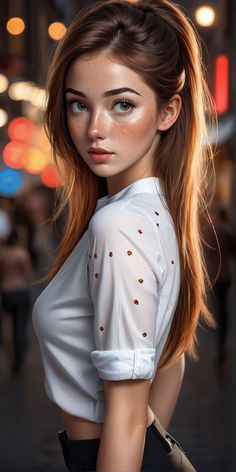 a woman with long hair standing in front of a street at night wearing a white shirt and black pants