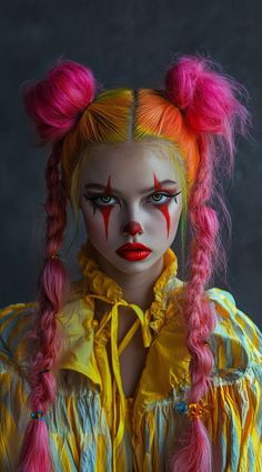 Clown Make Up Karneval, Killer Clown Costume Women, Scary Clown Costume Women, Clown Editorial, Clown Hairstyles, Cute Face Paint Ideas, Makeup Facts, Evil Circus, Halloween Editorial