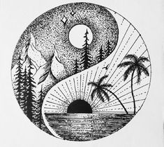 a black and white drawing of the sun, trees, and mountains in a yin yang style