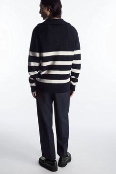 WOOL AND COTTON-BLEND HALF-ZIP JUMPER - Navy - COS Cos Man, Half Zip Jumper, Zip Collar, The Sheep, Young Men, Upper Body, Half Zip, Merino Wool, Sheep