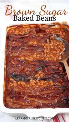 brown sugar baked beans in a white casserole dish