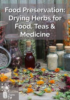 various herbs and medicine bottles with the words food preservatition drying herbs for food, teas & medicine