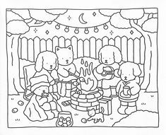 a black and white drawing of children around a campfire with bears in the background