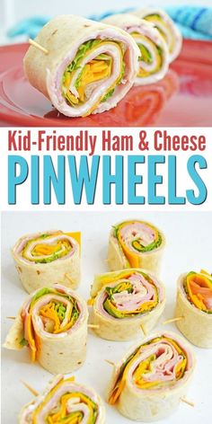 kid - friendly ham and cheese pinwheels on a plate with text overlay