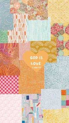 the cover of god is love, with an orange heart surrounded by many different patterns