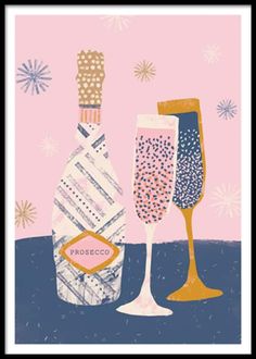 two champagne flutes and a bottle of wine on a pink background with snowflakes