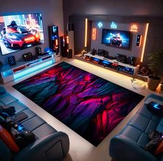 a living room with two couches and a large rug on the floor in front of televisions