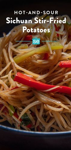 a plate full of stir fry noodles with red peppers and carrots on top, text reads hot and sour sicilian stir - fried potatoes