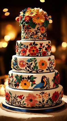 a multi layer cake decorated with flowers and birds