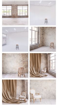 multiple shots of an empty room with chairs and curtains