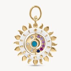 14k Yellow Gold Charm with Natural Gemstones. With the Tell Your Story Zodiac Flip Charm, there are so many ways to tell your story! Made with 14k yellow gold, diamonds, multi colored sapphires, turquoise and white ceramic. These rotating charms feature all the zodiac signs and moon rotations so you can tell your story. They showcase a top switch mechanism that allow you to rotate the jump ring so the charm is multi-functional and can be worn as an earring on hoops or as a pendant on a chain nec All The Zodiac Signs, Colored Sapphires, Charm Ideas, Necklace Model, Galaxy Pendant, Goddess Jewelry, The Zodiac Signs, Rose Bracelet, Purple Jewelry